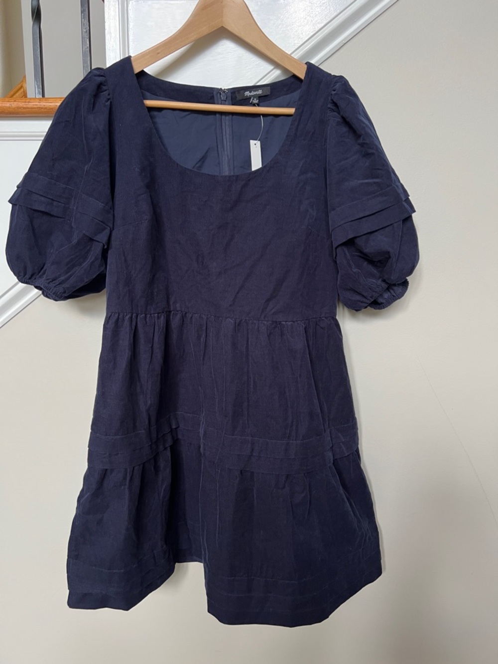 Madewell 100% Cotton Corduroy Tier Navy Mini Dress Puff Sleeve Scoop Neck M NEW
